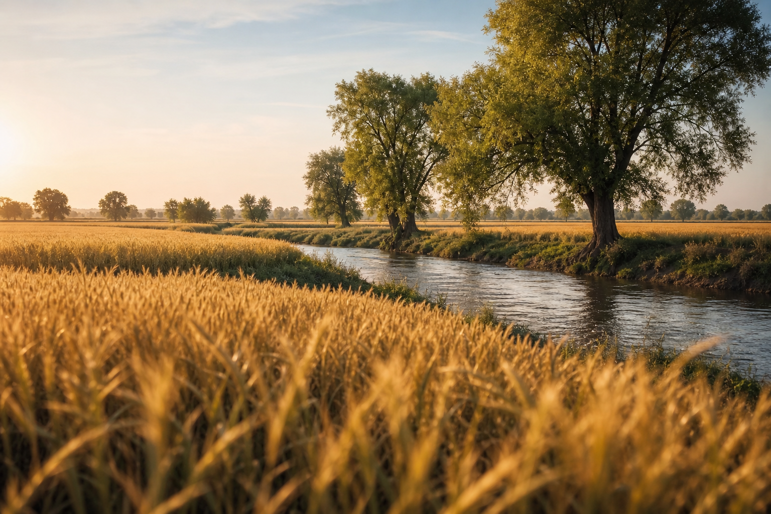 Golden wheat fields beside a flowing stream in rural Punjab at sunrise